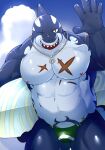  1boy abs bara blue_eyes bulge cowboy_shot cross_scar furry furry_male holding holding_surfboard kyatune large_pectorals looking_at_viewer male_focus muscular muscular_male navel nipples one_eye_closed pectorals plump scar scar_on_chest scar_on_face shark_boy shark_fin sharp_teeth smile solo standing stomach strongman_waist surfboard teeth thick_thighs thighs tokyo_afterschool_summoners topless_male typhon_(housamo) waving 