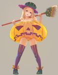  blonde_hair blue_eyes broom grey_background halloween hat jack-o'-lantern original pumpkin pumpkin_costume purple_legwear simple_background solo striped striped_legwear thighhighs vertical-striped_legwear vertical_stripes weno 