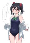  ... 1girl absurdres black_hair blue_one-piece_swimsuit blush bow bowtie breasts collarbone commentary_request covered_navel ereka green_bow green_bowtie highres long_sleeves looking_at_viewer love_live! love_live!_school_idol_project medium_hair one-piece_swimsuit open_clothes open_shirt red_eyes school_swimsuit shirt sidelocks small_breasts solo spoken_ellipsis standing sweat swimsuit twintails upper_body v-shaped_eyebrows white_background white_shirt yazawa_nico 
