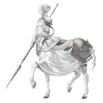  1girl braid breasts centaur closed_eyes closed_mouth colored_skin fantasy highres holding holding_polearm holding_weapon hooves km_yama medium_breasts original parted_bangs polearm solo spear taur weapon white_background white_hair white_skin 