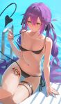  1girl absurdres adjusting_clothes adjusting_swimsuit bikini black_bikini black_tail blush body_markings breasts closed_mouth demon_tail feet_out_of_frame green_eyes hair_ornament highres hololive long_hair looking_down nagiushi navel poolside purple_hair side-tie_bikini_bottom small_breasts solo sweat swimsuit tail thigh_strap tokoyami_towa twintails virtual_youtuber water x_hair_ornament 