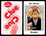 2023 4_fingers adjusting_glasses black_border black_clothing black_jacket black_suit black_topwear border brown_hair bruce_mccorkindale card clothing clue_(film) cluedo crossover dagger english_text eyewear fingerprint fingers glasses hair hasbro humanoid jacket looking_down magnifying_glass male mansion melee_weapon muppet muppets necktie noseless orange_body orange_skin parody pattern_necktie playing_card scooter_(muppets) shirt signature solo striped_necktie suit tabletop_game text the_muppet_show topwear weapon white_clothing white_shirt white_topwear window 