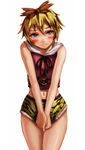  animal_print bad_id bad_pixiv_id blonde_hair hair_ornament kurione_(zassou) midriff miniskirt multicolored_hair navel short_hair short_shorts shorts simple_background skirt skirt_tug sleeveless solo tears tiger_print toramaru_shou touhou yellow_eyes 