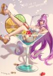  1girl artist_name bikini blue_hair breasts cocktail_glass cup dated drill_hair drinking_glass drinking_straw flower food fruit hair_bun happy_birthday high_heels highres lime_(fruit) lime_slice long_hair macross macross_delta medium_breasts mikumo_guynemer mini_person minigirl multicolored_hair orange_(fruit) orange_slice purple_hair red_flower ryu_(masu_nantoka-san) shadow single_hair_bun solo star_(symbol) streaked_hair swimsuit very_long_hair white_bikini yellow_flower 