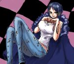  1girl arm_tattoo breast_tattoo breasts cape checkered_floor denim earrings floor fur_cape genderswap genderswap_(mtf) jeans jewelry large_breasts looking_at_viewer namnam_op on_floor one_piece pants parted_lips red_nails short_hair shoulder_tattoo sketch smile solo tank_top tattoo thighs trafalgar_law white_tank_top yellow_eyes 