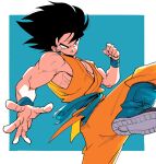  1boy belt black_eyes black_hair blue_background blue_belt blue_wristband border closed_mouth dragon_ball dragon_ball_super fighting_stance foot_out_of_frame highres kz_(dbz_kz) light_smile male_focus official_alternate_costume orange_robe robe solo son_goku v-shaped_eyebrows v-shaped_eyes white_border 