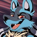  absurd_res anthro augury_(artist) blue_body blue_fur discario evil_face evil_grin fangs fur generation_4_pokemon hi_res icon looking_at_viewer lucario male nintendo open_mouth open_smile pokemon pokemon_(species) red_eyes smile snarling solo teeth tongue 