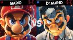  2boys ai-generated_art_(topic) black_hair blue_eyes character_name closed_mouth coat doctor dr._mario dr._mario_(game) facial_hair hat head_mirror highres lab_coat looking_at_viewer male_focus mario mario_(series) meme multiple_boys mustache necktie red_hat red_necktie simple_background super_smash_bros. super_smash_bros._logo upper_body vs white_coat ya_mari_6363 