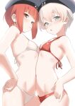  2girls :o bikini blue_eyes blunt_bangs blush breasts brown_eyes character_name collarbone commentary_request cowboy_shot crossed_bangs from_below hair_between_eyes hand_on_own_hip hat highres kantai_collection looking_at_viewer micro_bikini multiple_girls navel open_mouth red_bikini red_hair sakieko short_hair sidelocks simple_background small_breasts smile standing stomach string_bikini swimsuit white_background white_bikini white_hair z1_leberecht_maass_(kancolle) z3_max_schultz_(kancolle) 