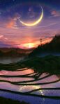  absurdres cloud crescent_moon evening field gradient_sky highres hill moon no_humans original power_lines rice_paddy scenery sky smile_(qd4nsvik) star_(sky) starry_sky sunset transmission_tower 
