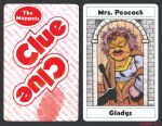  2023 black_border border breasts brown_hair bruce_mccorkindale card cleavage clothed clothing clue_(film) cluedo crossover dress english_text eyewear female fingerprint fur gladys_(muppets) glasses hair hasbro humanoid lead_pipe lips magnifying_glass mansion muppet muppets noseless orange_body orange_skin parody playing_card signature silhouette solo tabletop_game text the_muppet_show thick_lips window 