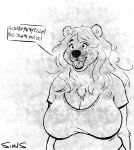 anthro bear big_breasts breasts clothed clothing english_text female fully_clothed hi_res mammal shirt show_me_yours simusart slightly_chubby smile solo speech_bubble t-shirt text topwear
