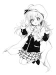  cape fang greyscale hat highres image_sample jumping little_busters! long_hair md5_mismatch monochrome namori noumi_kudryavka open_mouth pixiv_sample plaid plaid_skirt school_uniform sketch skirt smile solo thighhighs waving 