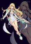  1girl aegis_sword_(xenoblade) bare_shoulders blonde_hair blue_background blush breasts cleavage coattails dress earrings full_body gloves hair_flip highres holding holding_sword holding_weapon jewelry long_hair looking_at_viewer mythra_(xenoblade) shiny_skin smile solo sword thigh_strap tiara twitter_username weapon white_dress white_footwear xenoblade_chronicles_(series) xenoblade_chronicles_2 yaizaberry yellow_eyes 