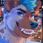  1:1 anthro blue_clothing blue_eyes blue_hair blue_nose blue_topwear blurred_background brown_body brown_fur brown_spots bust_portrait cheek_tuft clothed clothing corzh77 ear_piercing ear_ring facial_tuft fangs fur glistening glistening_eyes hair hi_res hyena looking_at_viewer male mammal markings notched_ear open_mouth piercing pink_tongue portrait ring_piercing short_hair solo spots spotted_body spotted_fur spotted_neck teeth tongue topwear tuft white_body white_fur 