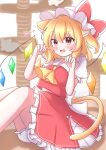  1girl absurdres ako_oekaki animal_ear_fluff animal_ears ascot blonde_hair blush bow cat_ears cat_girl cat_tail crystal_wings dot_nose drawn_whiskers fang feet_out_of_frame flandre_scarlet frilled_bow frilled_hat frilled_shirt_collar frilled_skirt frilled_sleeves frills hair_between_eyes hands_up hat hat_bow highres kemonomimi_mode knees_up looking_at_viewer medium_hair mob_cap open_mouth paw_pose puffy_short_sleeves puffy_sleeves raised_eyebrow red_bow red_eyes red_skirt red_vest shirt short_sleeves sitting skirt solo sound_effects tail touhou vest white_hat white_shirt yellow_ascot yellow_tail 