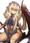  1girl absurdres black_sclera blonde_hair blue_skin breasts claws collarbone colored_sclera colored_skin dragon_girl dragon_wings ekrea_jan gradient_hair highres looking_at_viewer medium_hair monster_girl monster_hunter:_world monster_hunter_(series) multicolored_hair multicolored_skin personification purple_hair red_pupils shara_ishvalda sitting small_breasts solo two-tone_hair two-tone_skin wariza white_background wings yellow_eyes yellow_skin 