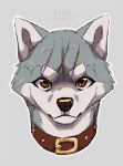  2018 :3 ambiguous_gender azzai brown_collar brown_eyes canid canine canis collar countershading domestic_dog feral front_view fur gin_(ginga) ginga_(series) grey_background grey_body grey_fur headshot_portrait looking_at_viewer male_(lore) mammal outline portrait scar shaded simple_background smile white_body white_countershading white_outline 