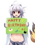  ahoge bad_id bad_pixiv_id borrowed_character fox_tail grune happy_birthday highres navel original red_eyes sanbi_(reku) shiroko_(reku) silver_hair solo_focus tail 