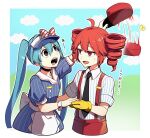  ahoge apron black_eyes black_necktie blue_dress blue_hair bug butterfly commentary_request cowboy_shot dress drill_hair gloves hat hatsune_miku highres holding holding_clothes holding_hat kasane_teto long_hair mesmerizer_(vocaloid) necktie open_mouth puffy_short_sleeves puffy_sleeves red_eyes red_hair sato_(r017xts117) sharp_teeth shirt short_sleeves smile striped_clothes striped_shirt suspenders sweat teeth tongue tongue_out translated twin_drills twintails unworn_hat unworn_headwear utau very_long_hair vocaloid white_apron yellow_gloves 