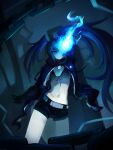  1girl belt bikini black_bikini black_coat black_hair black_rock_shooter black_rock_shooter_(character) black_shorts blue_fire chain coat fire flaming_eye highres long_hair open_clothes pale_skin scar schllott shorts star_(symbol) swimsuit 