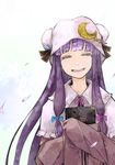  bad_id bad_pixiv_id book book_hug bow capelet closed_eyes crescent hair_bow happy hat holding holding_book long_hair ngra patchouli_knowledge purple_hair sleeves_past_wrists smile solo star touhou 