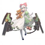  1girl :&gt; animal_ears apron aqua_eyes arrow_print artist_request back_ribbon bear_ears black_bow black_bowtie blonde_hair bow bowtie cable collar cosplay dress evelyn_(final_gear) final_gear frilled_apron frilled_collar frilled_sleeves frills green_dress green_sleeves hair_bow holding holding_stuffed_toy iris_chateaubriand iris_chateaubriand_(cosplay) jean-paul juliet_sleeves layered_dress leg_up light_blush light_particles long_hair long_sleeves looking_at_viewer mary_janes mecha_musume neck_ribbon official_art parted_bangs pink_bow pink_ribbon puffy_sleeves ribbon sakura_taisen shoes sidelocks simple_background solo standing standing_on_one_leg stuffed_animal stuffed_toy tachi-e teddy_bear thighhighs third-party_source transparent_background very_long_hair white_collar white_hair white_ribbon white_thighhighs 