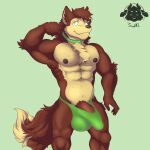  absurd_res andromorph anthro atanukiuwu balls big_balls big_penis breast_squish breasts breasts_frottage bulge canid canine clothing fox fur genitals green_eyes hi_res hybrid intersex jewelry krankydrack male mammal muscular muscular_anthro muscular_male necklace nipples penis pubic_hair_peek solo squish underwear wolf_tail 