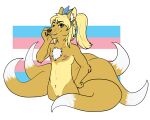  absurd_res andromorph anthro blonde_hair blue_bow blue_eyes brown_eyes brown_nose canid canine confident femboy flat_colors fox fur genitals hair heterochromia hi_res intersex lgbt_pride long_hair lucian_(thecatherd) mammal mastectomy_scar multi_tail nipples pink_nipples pink_pussy ponytail pride_color_background pride_colors pussy scar sectoral_heterochromia simple_background smile smirk solo surgical_scar tail thecatherd trans_(lore) trans_man_(lore) white_body white_fur yellow_body yellow_fur 
