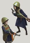  2girls blue_jacket blue_serafuku blue_skirt braid brown_hair chest_rig combat_helmet dragunov_svd garoppui green_hat grey_background gun handgun hat helmet jacket light_machine_gun machine_gun multiple_girls original rifle rpk-74 school_uniform serafuku shirt single_braid skirt sniper_rifle striped_clothes striped_shirt telnyashka tokarev_tt-33 weapon 