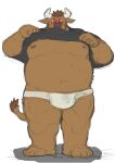  2024 anthro araiguma_11 belly bovid bovine brown_body bulge cattle clothed clothing clothing_lift kemono male mammal moobs navel nipples overweight overweight_male scar shirt shirt_lift simple_background solo topwear underwear 