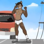 anthro briefs brown_body brown_eyes brown_fur brown_hair brown_nose bulge car clothed clothing footwear fur fuze grey_sneakers hair hi_res hyena male mammal navel nipples open_mouth outside pantsless pantsless_anthro pantsless_male public shoelaces shoes smile socks solo street teeth_showing tighty_whities topless underwear vehicle white_briefs white_clothing white_footwear white_shoelaces white_socks white_underwear