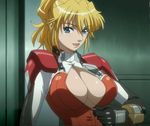  blonde_hair breasts cleavage excellen_browning huge_breasts screencap solo stitched super_robot_wars super_robot_wars_og_the_inspector super_robot_wars_original_generation third-party_edit 