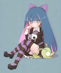  blue_eyes blue_hair bow chuck_(psg) crossed_legs dennou_usagi hair_bow honekoneko_(psg) long_hair panty_&amp;_stocking_with_garterbelt sitting stocking_(psg) striped striped_legwear stuffed_animal stuffed_cat stuffed_toy thighhighs 