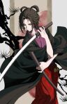  1girl absurdres black_hair black_kimono closed_mouth emma_the_gentle_blade hakama hakama_skirt highres holding holding_sheath holding_weapon japanese_clothes katana kimono red_hakama s_jiaogu sekiro:_shadows_die_twice sheath skirt solo sword weapon 