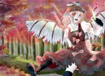  animal_ears bad_id bad_pixiv_id black_legwear bow checkered dress hat light_rays monicanc musical_note mystia_lorelei nature open_mouth pink_eyes pink_hair sitting socks solo sunbeam sunlight thighhighs touhou tree wings 