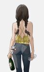  1girl bare_arms bare_shoulders blue_pants bottle braid brown_hair cowboy_shot cup drinking_glass from_behind grey_background highres holding holding_bottle holding_cup kimura_731 long_hair original pants simple_background sleeveless solo standing twin_braids wine_bottle wine_glass 