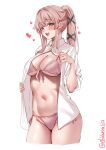  1girl artist_name bikini bikini_under_clothes blush breasts center_opening cleavage commentary_request ebifurya front-tie_bikini_top front-tie_top hair_ornament heart highres kantai_collection large_breasts long_hair looking_at_viewer navel one-hour_drawing_challenge open_mouth pink_bikini pink_hair ponytail shirt side-tie_bikini_bottom simple_background sleeves_rolled_up smile solo stomach swimsuit twitter_username white_background white_shirt yellow_eyes yura_(kancolle) 