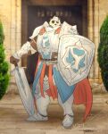  absurd_res armor bear cape clothing entitropy giant_panda hi_res looking_at_viewer male mammal melee_weapon outside shield solo sword weapon 