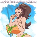  1girl bikini bow breasts brown_eyes brown_hair burger cleavage cloud collarbone english_commentary english_text food frilled_bikini frills green_bow holding holding_food huge_breasts long_hair looking_at_viewer n647 navel open_mouth orange_bikini original palm_tree ponytail sky solo swimsuit tree 