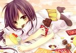  amane_kurumi bed black_legwear blush body_pillow candy chocolate chocolate_bar food highres holding lollipop long_hair looking_at_viewer lying mouth_hold on_stomach open_mouth original purple_hair skirt solo thighhighs yellow_eyes 