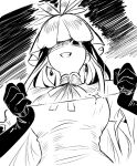  1girl breasts chinese_clothes earrings elbow_gloves flower flower_on_head frogsnake gloves greyscale jewelry long_hair looking_at_viewer looking_down monochrome solo sparkle touhou wire yomotsu_hisami 