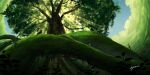  animal bird cloud dappled_sunlight forest from_below h_yuusui highres moss nature no_humans original roots scenery signature simple_bird sky sunlight tree 