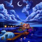  boots building buoy cloud crescent_moon davinciwannabe dock highres lake lights moon night night_sky pier rug scenery sky star_(sky) stardew_valley starry_sky 