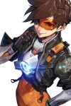  1girl armor cropped_jacket head-mounted_display hungry_clicker looking_at_viewer orange_hair overwatch shoulder_armor simple_background smile solo tracer_(overwatch) white_background 