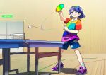  1girl ball blue_eyes blue_hair blue_shorts breasts closed_mouth cloud_print commentary_request full_body hairband happy highres holding holding_paddle leftame multicolored_hair multicolored_shirt paddle purple_footwear shoes short_hair short_sleeves shorts sky_print small_breasts smile sneakers solo standing table_tennis table_tennis_ball table_tennis_paddle tenkyuu_chimata touhou 