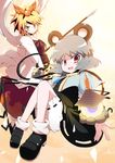  aho animal_ears animal_print basket bishamonten's_pagoda blonde_hair bloomers grey_hair hair_ornament highres jewelry mouse mouse_ears mouse_tail multicolored_hair multiple_girls nazrin pendant red_eyes shawl short_hair tail tiger_print toramaru_shou touhou underwear yellow_eyes 