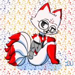  2024 absurd_res anthro black_eyes canid canine circle_glasses clothing cute_fangs fox fox_tail fur hi_res jacket knees_together looking_at_viewer male mammal multi_tail multicolored_body multicolored_fur paws red_body red_fur renv signature sitting sitting_on_ground solo tail topwear two_tone_body two_tone_fur white_body white_fur 