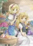  absurdres alice_margatroid apron bad_id bad_pixiv_id belt blonde_hair capelet comb flower friends hair_brushing hairband highres kirisame_marisa long_hair multiple_girls petals short_hair sxbzero table touhou traditional_media v_arms yellow_eyes 