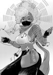 1girl afro asymmetrical_hair breasts cable covered_mouth dancing dark-skinned_female dark_skin earbuds earphones elbow_pads fingerless_gloves fishnet_top fishnets gameplay_mechanics gloves greyscale hakama highres hip_vent hiroshi_mono japanese_clothes kimberly_jackson large_breasts listening_to_music mask monochrome mouth_mask musical_note ninja no_bra official_alternate_costume official_alternate_hairstyle panty_straps revealing_clothes sash scarf short_hair shuriken sideboob solo street_fighter street_fighter_6 thick_thighs thighs very_dark_skin w_arms weapon 